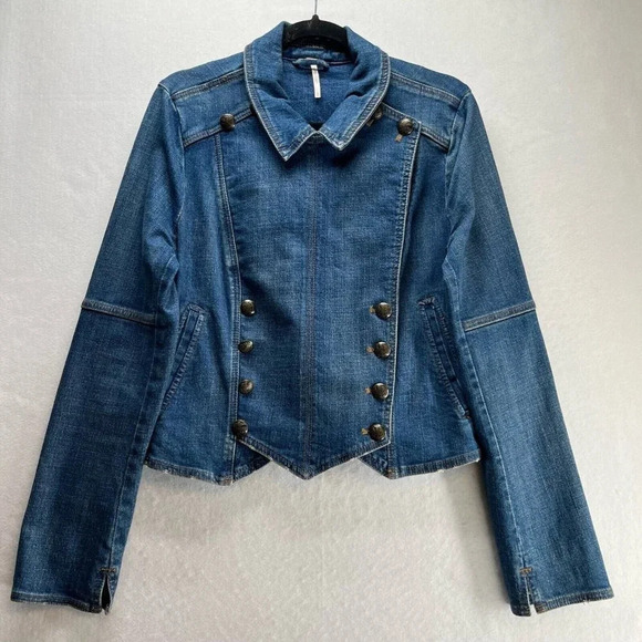 Free People Embroidered Demin Jacket Womens Size M Military Band Cropped Blue - Picture 2 of 11